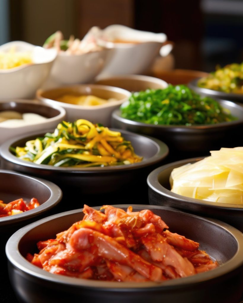 stack of various korean banchan dishes, focus on kimchi, created with generative ai